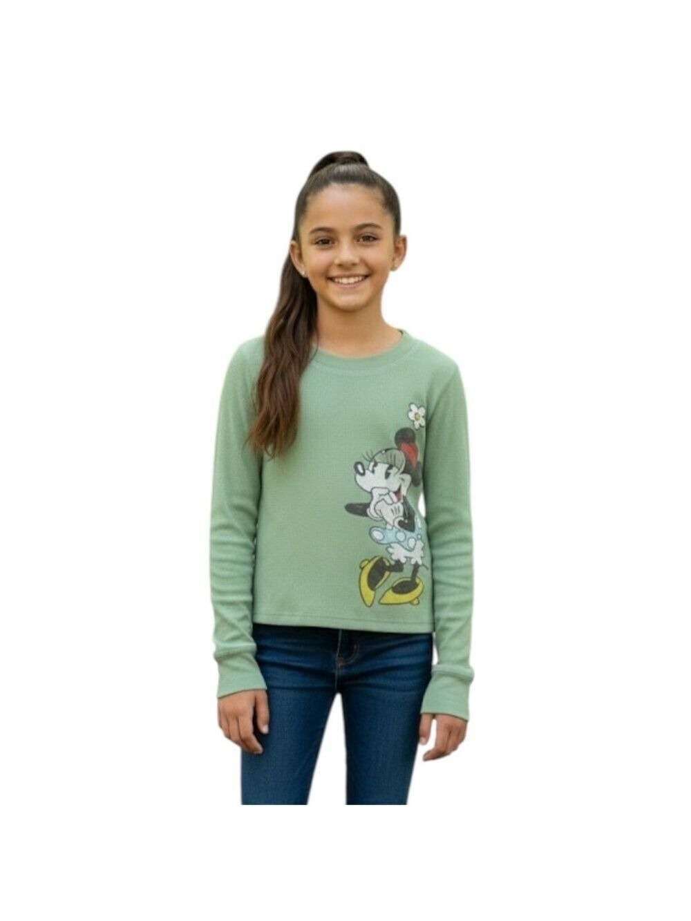 Disneyland Resort Green Minnie Mouse Kids Size S Waffle Long Sleeve Top